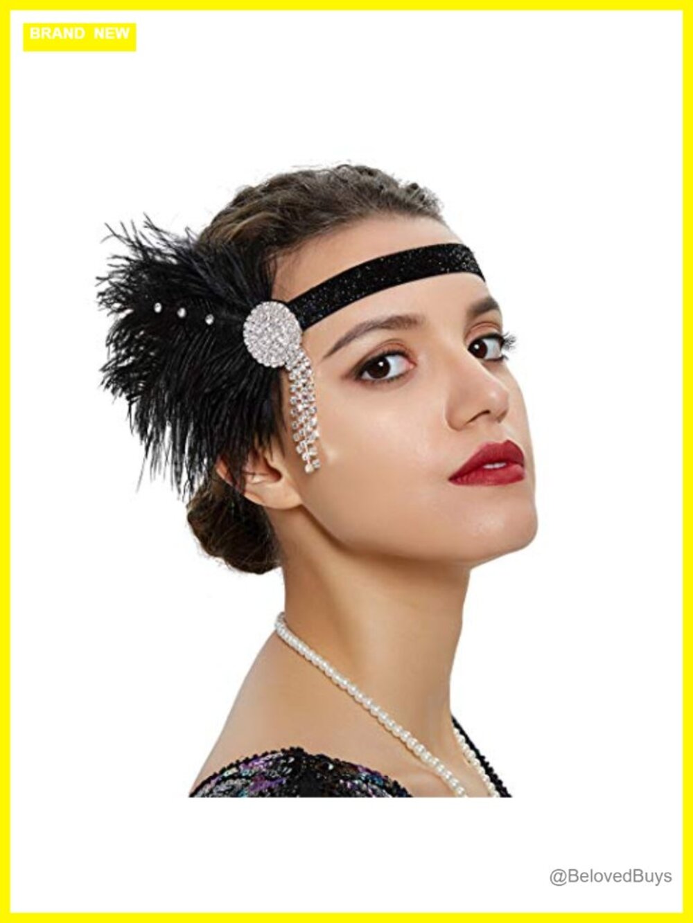 1920s Flapper Feather Headband with Rhinestones